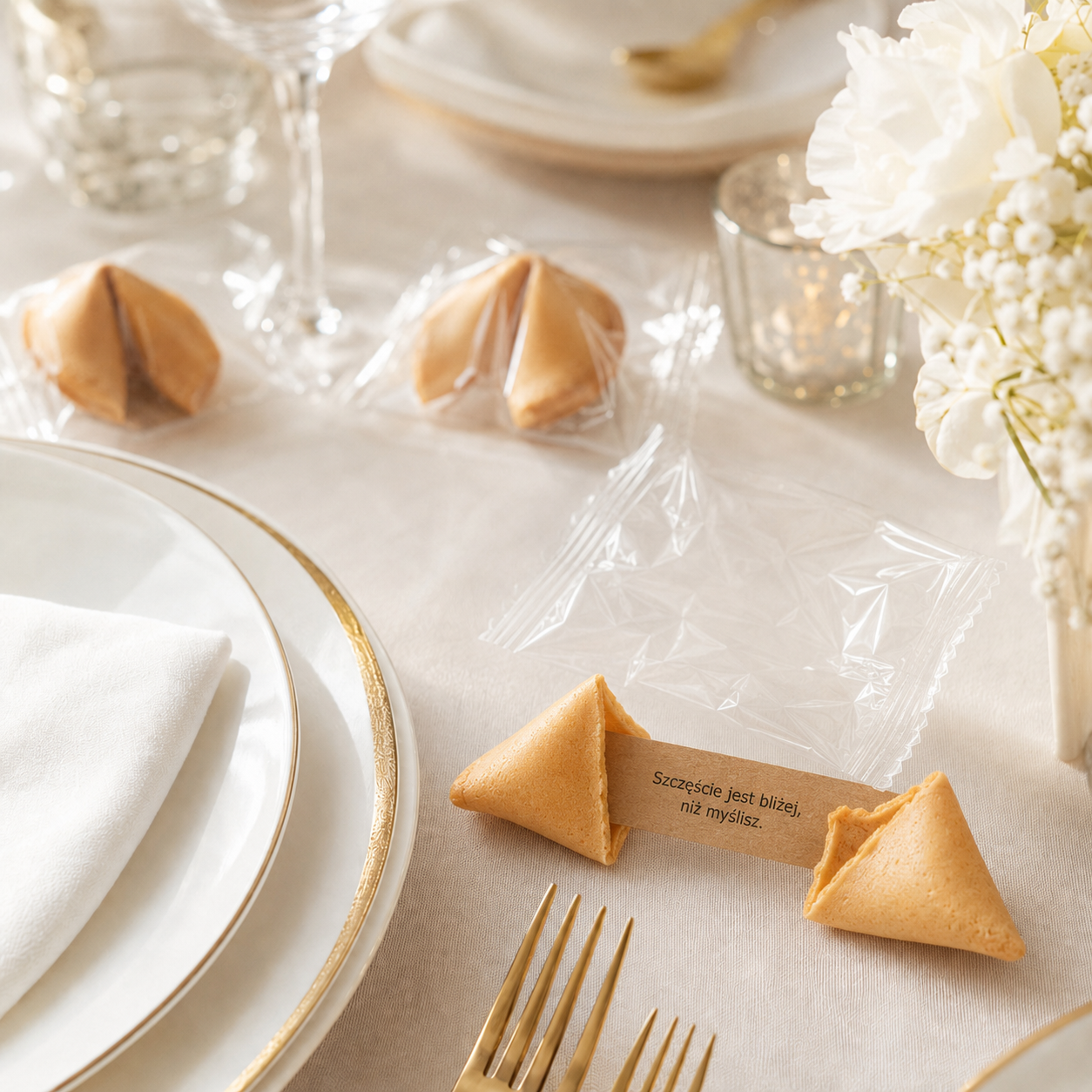 Klasyczne ciasteczka z wróżbą na elegancko nakrytym stole z wróżbą na papierze kraft