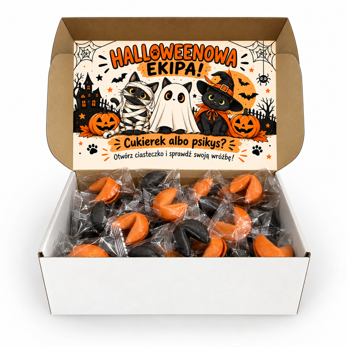 Czarne i pomarańczowe ciasteczka z wróżbą na Halloween w pudełku