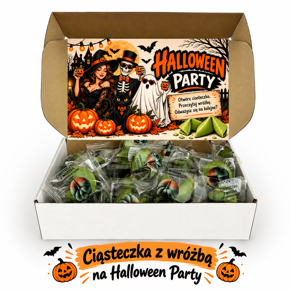 Dyniowe ciasteczka z wróżbą Halloween Party – w pudełku