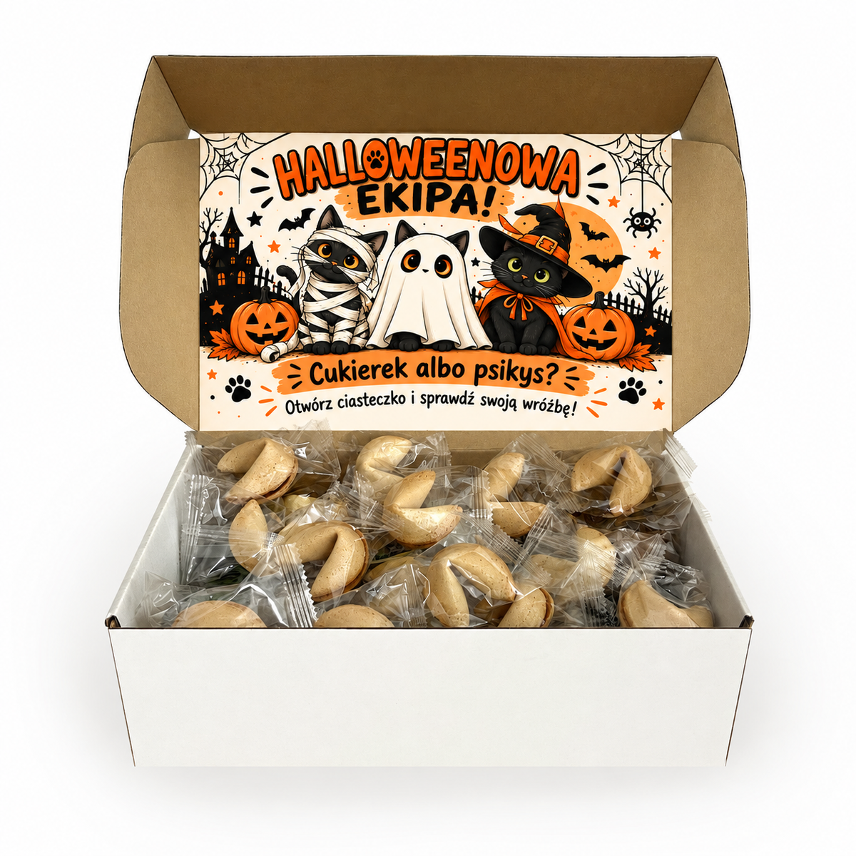 Klasyczne ciasteczka z wróżbą na Halloween w pudełku prezentowym