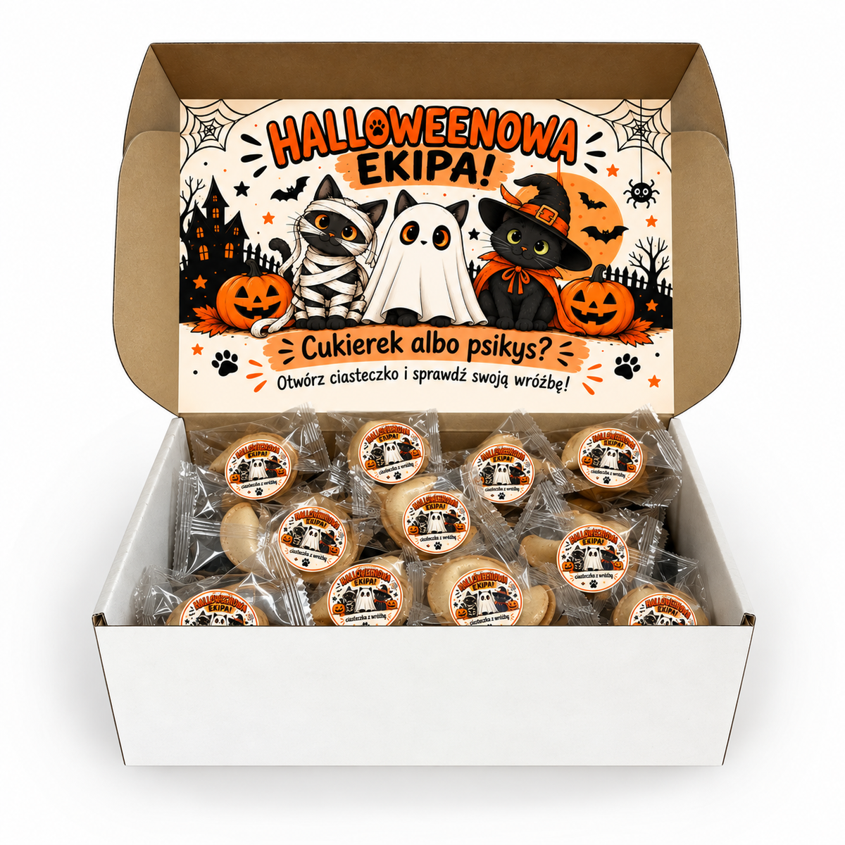 Klasyczne ciasteczka z wróżbą na Halloween w pudełku prezentowym