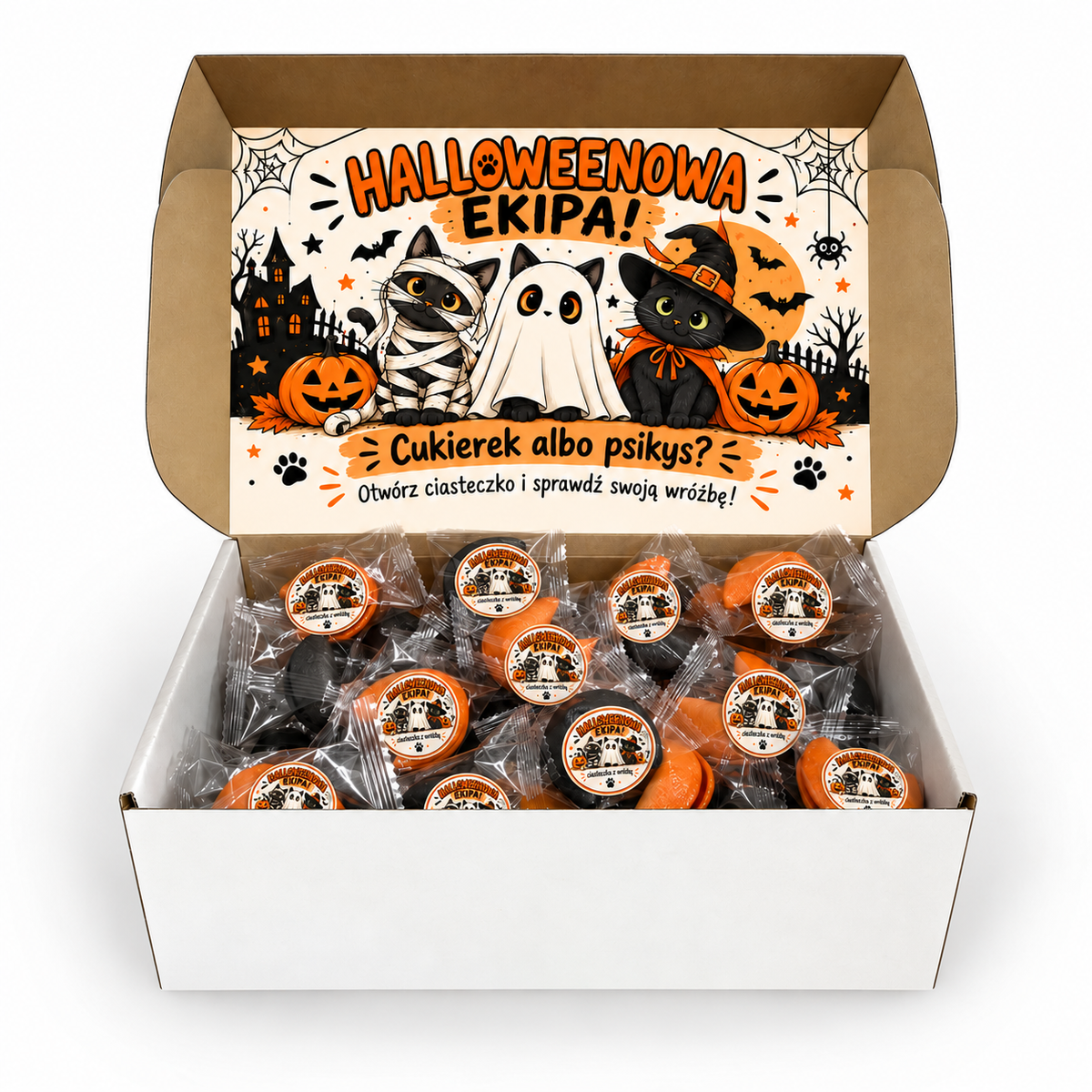 Czarne i pomarańczowe ciasteczka z wróżbą na Halloween w pudełku