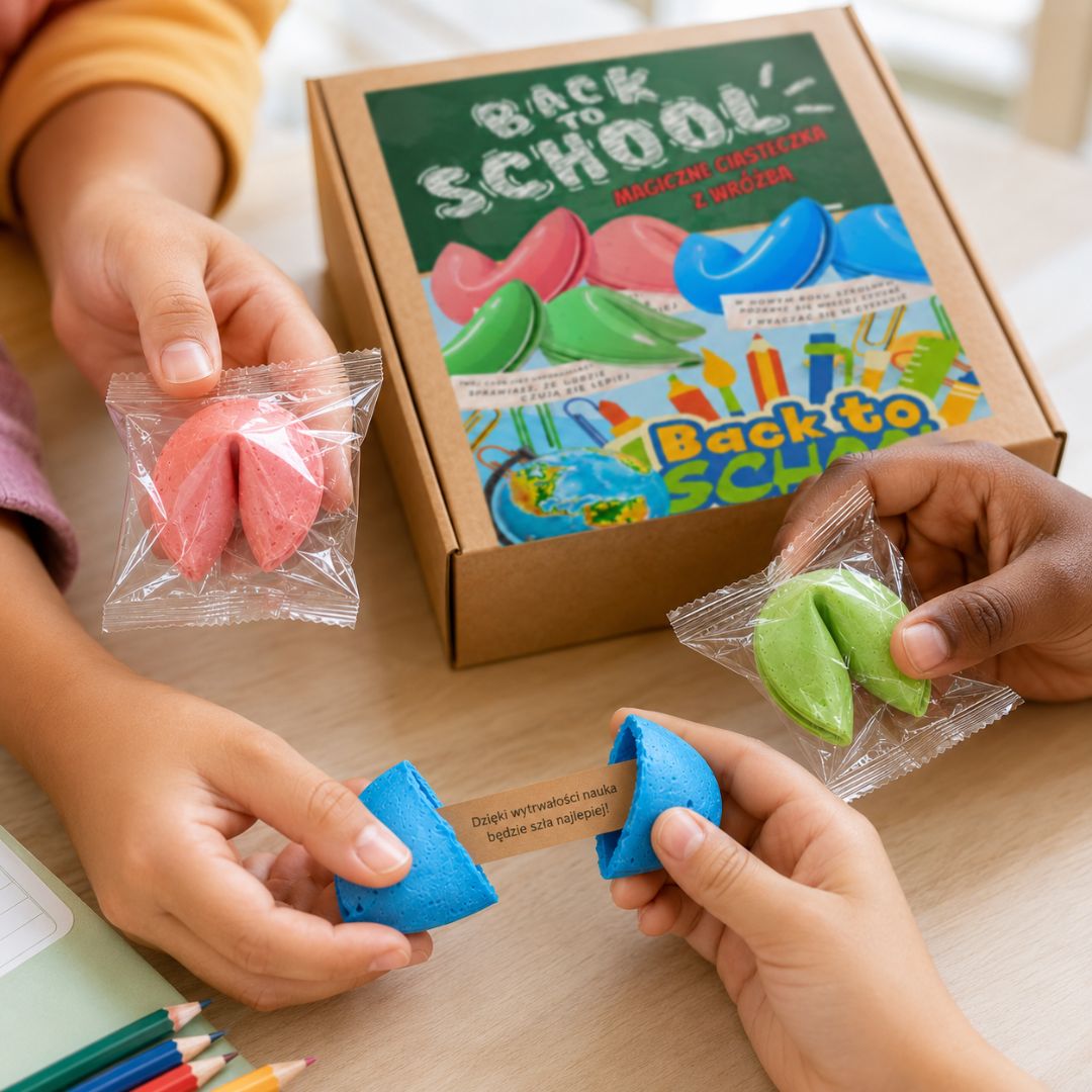 Dzieci otwierające kolorowe ciasteczka z wróżbą Back to School przy szkolnym stoliku