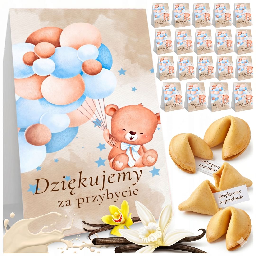 Zestaw Podziękowania dla Gości z Ciasteczkami z Wróżbą "Dziękujemy" - Motyw Misia