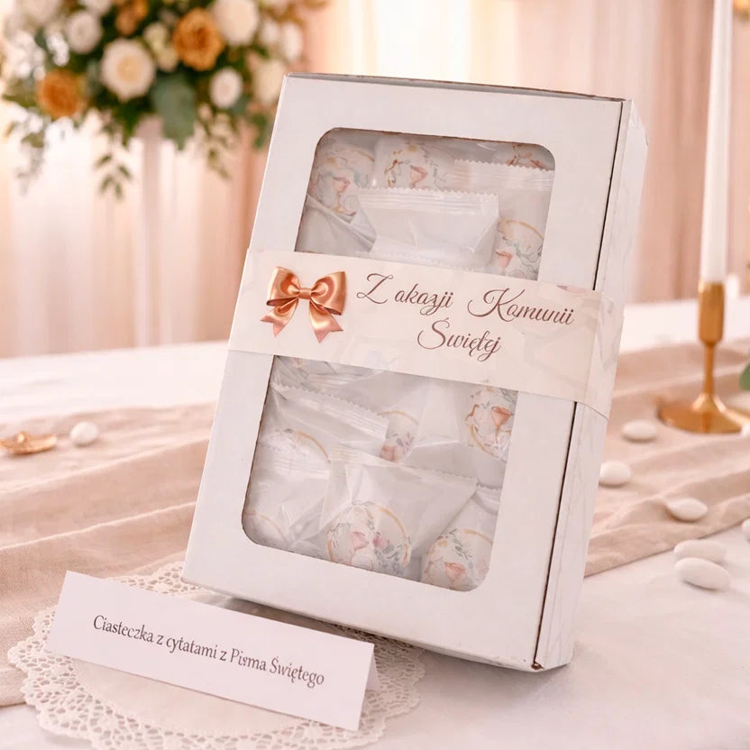 Ciasteczka z cytatami z Pisma Świętego – Elegancki Zestaw na Pierwszą Komunię Świętą